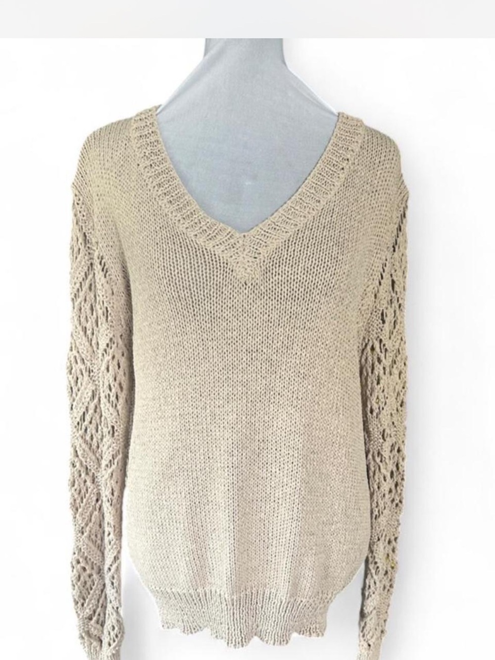Cream cable knit sweater with lace detailing on sleeves, size M